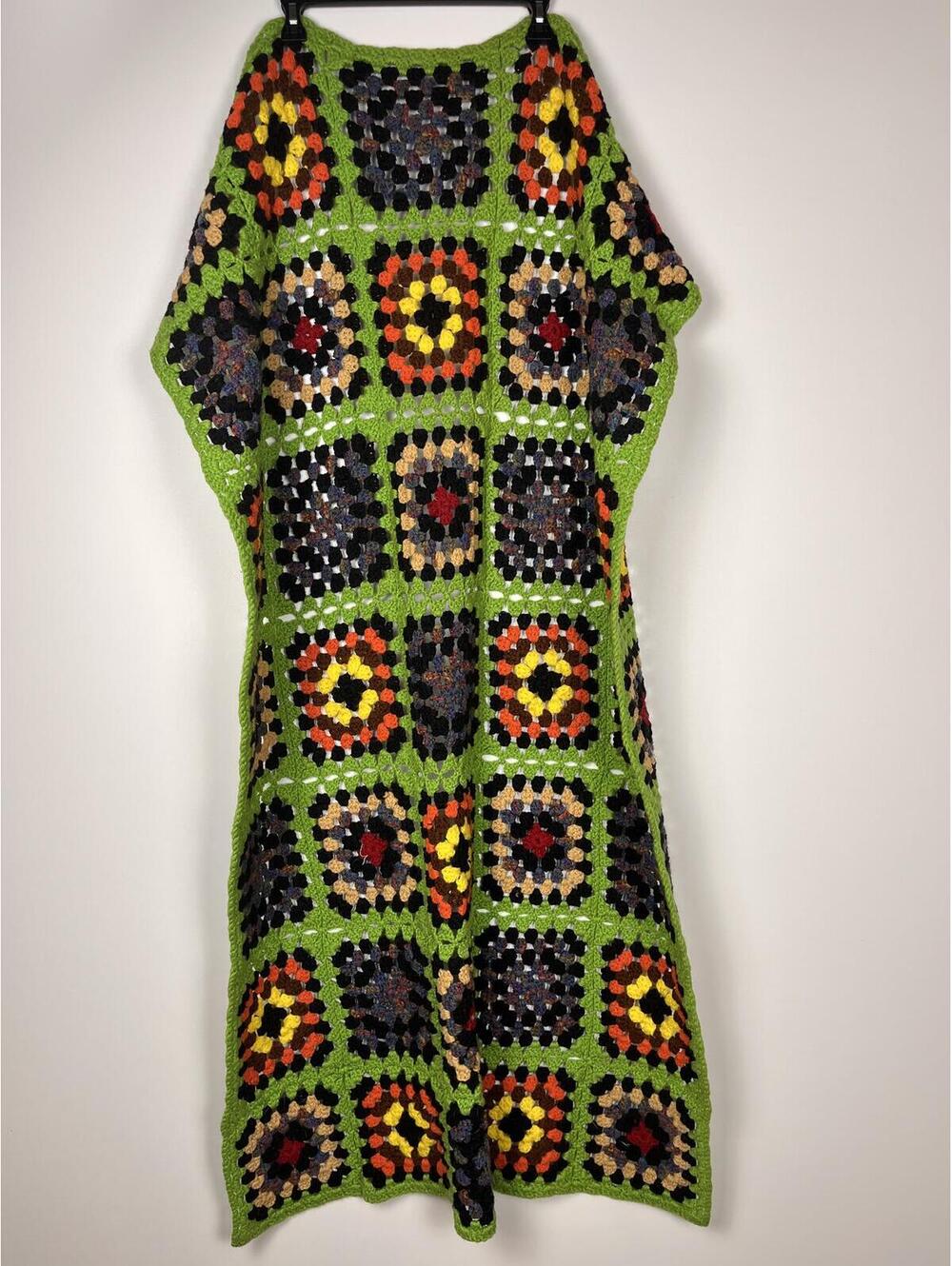 Handmade Crochet Granny Square Throw Blanket 51"x32" Heavy Retro Lime Green